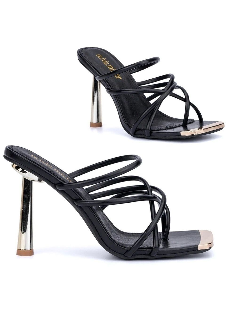 Olivia Miller Black Metallic Gold Thalia Strappy Stiletto High Heel Sandal Sz 8